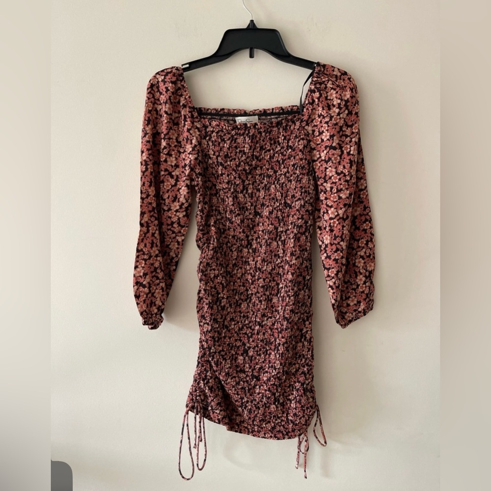 Floral Print Multicolor Smocked Shirred Fitted Square Neck Ruched Dress